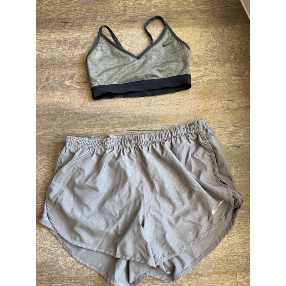 Nike Womens Grey Dri-FIT Running Shorts Medium and Sports Bra Small Set